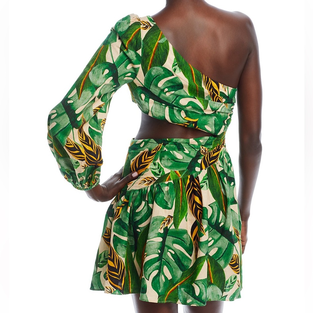 Farm Rio Tropical Leaves One Shoulder Mini Dress Green Large New with Tags - Picture 4 of 16